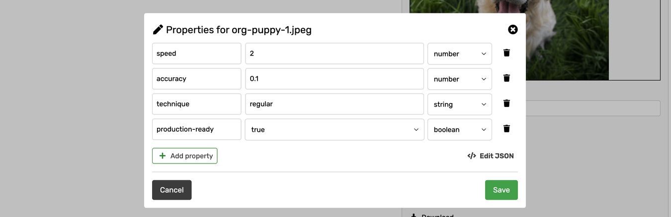 Modal dialog with a form that contains four properties, their values and types, and an Add property button